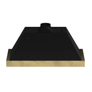 Rear view of the Forno Vittorio 48-Inch Wall Mount Range Hood in black, showing the chimney structure and venting outlet designed for secure wall installation, with a smooth matte black finish and clean, angular lines.