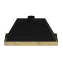 Rear view of the Forno Vittorio 48-Inch Wall Mount Range Hood in black, showing the chimney structure and venting outlet designed for secure wall installation, with a smooth matte black finish and clean, angular lines.
