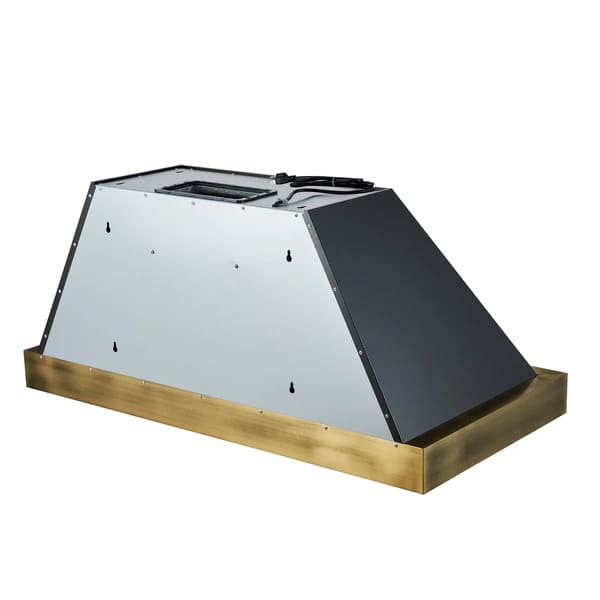 Back left angle view of the Forno Vittorio 48-Inch Wall Mount Range Hood in black, showing the chimney structure, rear venting outlet, and sleek matte black finish with antique brass trim for a sophisticated, functional design.