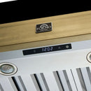 Close-up of the control panel on the Forno Vittorio 48-Inch Wall Mount Range Hood in black, featuring a modern touch interface with illuminated buttons for fan speed, lighting, and power, set against a matte black surface with antique brass trim.