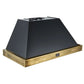Front left angled view of the Forno Vittorio 48-Inch Wall Mount Range Hood in black, showcasing its expansive canopy, antique brass trim, central control panel, and stainless steel baffle filters for a bold, upscale kitchen aesthetic.