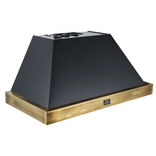 Front left angled view of the Forno Vittorio 48-Inch Wall Mount Range Hood in black, showcasing its expansive canopy, antique brass trim, central control panel, and stainless steel baffle filters for a bold, upscale kitchen aesthetic.