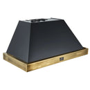 Front left angled view of the Forno Vittorio 48-Inch Wall Mount Range Hood in black, showcasing its expansive canopy, antique brass trim, central control panel, and stainless steel baffle filters for a bold, upscale kitchen aesthetic.
