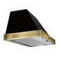 Left angle view of the Forno Vittorio 48-Inch Wall Mount Range Hood in black, showcasing its wide canopy design, antique brass trim detailing, and visible stainless steel baffle filters for a bold and elegant kitchen presence.