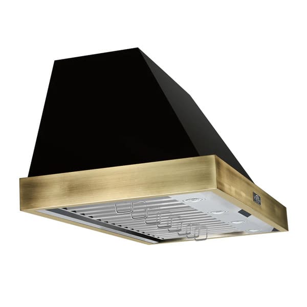 Left angle view of the Forno Vittorio 48-Inch Wall Mount Range Hood in black, showcasing its wide canopy design, antique brass trim detailing, and visible stainless steel baffle filters for a bold and elegant kitchen presence.
