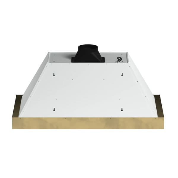 Rear view of the Forno Vittorio 48-Inch Wall Mount Range Hood in white, showcasing the chimney structure and rear venting outlet with a smooth white finish and clean lines designed for secure, efficient wall installation.