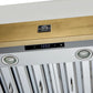 Close-up of the control panel on the Forno Vittorio 48-Inch Wall Mount Range Hood in white, featuring a modern touch interface with illuminated buttons for fan speed, lighting, and power, framed by a smooth white surface and antique brass accents.