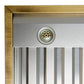 Close-up view of the integrated LED lights on the Forno Vittorio 48-Inch Wall Mount Range Hood in white, providing bright, energy-efficient illumination beneath the white canopy with antique brass detailing.