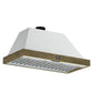 Front left angled view of the Forno Vittorio 48-Inch Wall Mount Range Hood in white, showcasing its wide canopy, antique brass trim accents, central control panel, and stainless steel baffle filters for a refined and powerful kitchen ventilation solution.