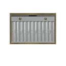 Bottom view of the Forno Vittorio Wall Mount Range Hood, highlighting the stainless steel baffle filters, integrated LED lights, and sleek underside design for efficient ventilation and illumination over the cooktop.