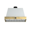 Front view of the Forno Vittorio 36-Inch Wall Mount Range Hood in a white finish, accented with antique brass trim and featuring stainless steel baffle filters and a centered control panel for a clean, elegant look.