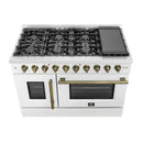 FORNO Galiano 48-Inch French Door Gas Range with 8 Burners and 6.58 Cu. Ft. Convection Oven in Black/White with Antique Brass Trim