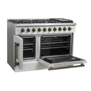 FORNO Galiano 48-Inch French Door Gas Range with 8 Burners and 6.58 Cu. Ft. Convection Oven in Black/White with Antique Brass Trim