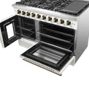 FORNO Galiano 48-Inch French Door Gas Range with 8 Burners and 6.58 Cu. Ft. Convection Oven in Black/White with Antique Brass Trim