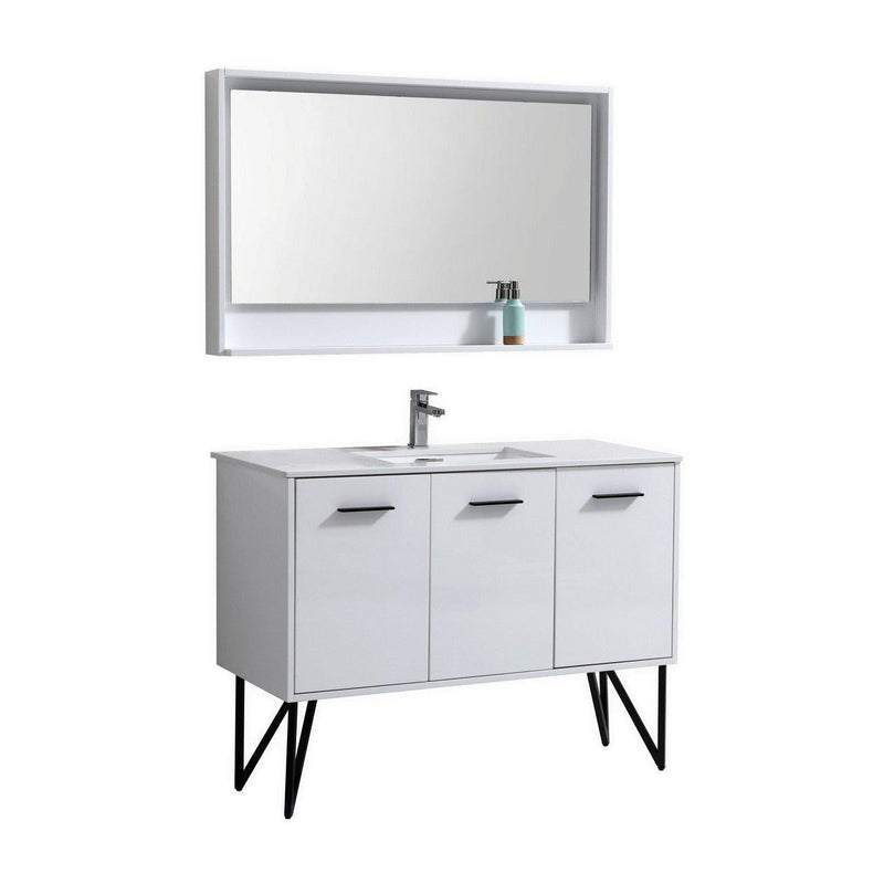 KubeBath Bosco 48 in. Modern Bathroom Vanity w/ White Countertop and Matching Mirror - High Gloss White, KB48GW