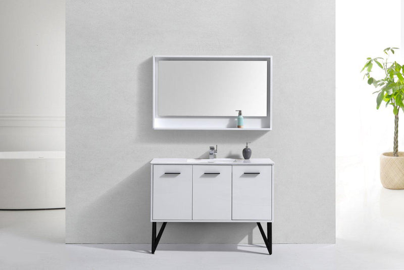 KubeBath Bosco 48 in. Modern Bathroom Vanity w/ White Countertop and Matching Mirror - High Gloss White, KB48GW