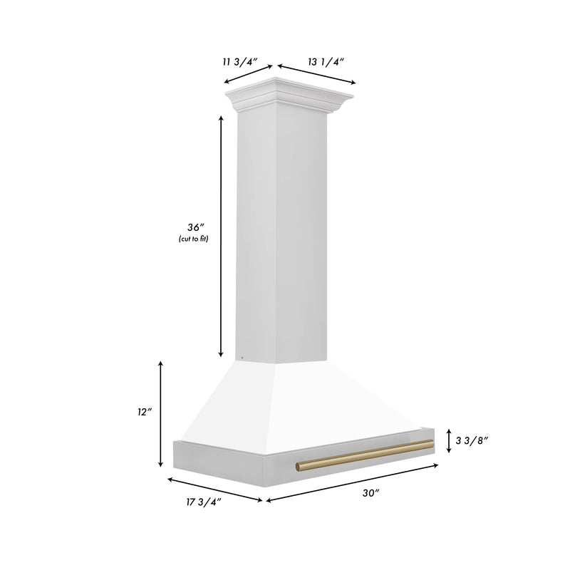 ZLINE 30-Inch Autograph Edition Wall Mounted Range Hood in Stainless Steel with White Matte Shell and Champagne Bronze Accents (KB4STZ-WM30-CB)