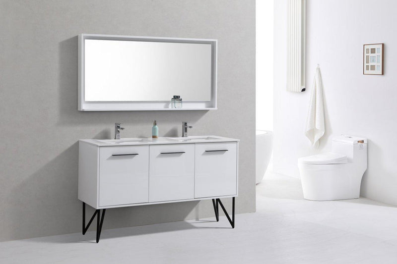 Bosco 60 in. Double Sink Modern Bathroom Vanity w/ Quartz Countertop and Matching Mirror - High Gloss White