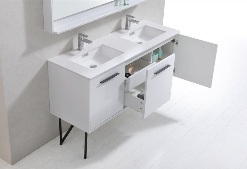 Bosco 60 in. Double Sink Modern Bathroom Vanity w/ Quartz Countertop and Matching Mirror - High Gloss White