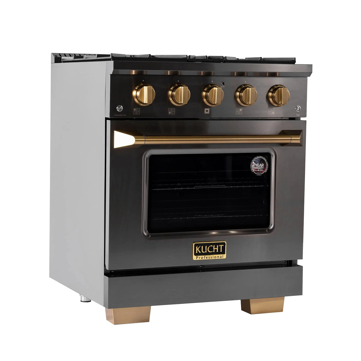 KUCHT Gemstone Professional 30-Inch 4.2 cu. ft. Natural Gas Range with Sealed Burners and Convection Oven in Titanium Stainless Steel with Gold Accents KEG303