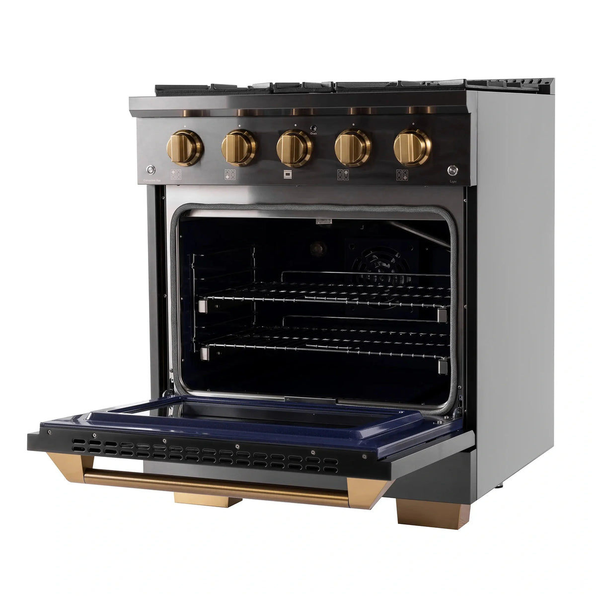 KUCHT Gemstone Professional 30-Inch 4.2 cu. ft. Natural Gas Range with Sealed Burners and Convection Oven in Titanium Stainless Steel with Gold Accents KEG303
