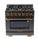 KUCHT Gemstone Professional 36-Inch 5.2 cu. ft. Propane Gas Range with Sealed Burners and Convection Oven in Titanium Stainless Steel with Gold Accents KEG363/LP