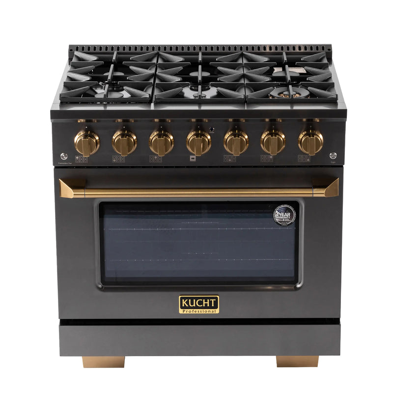 KUCHT Gemstone Professional 36-Inch 5.2 cu. ft. Propane Gas Range with Sealed Burners and Convection Oven in Titanium Stainless Steel with Gold Accents (KEG363/LP)