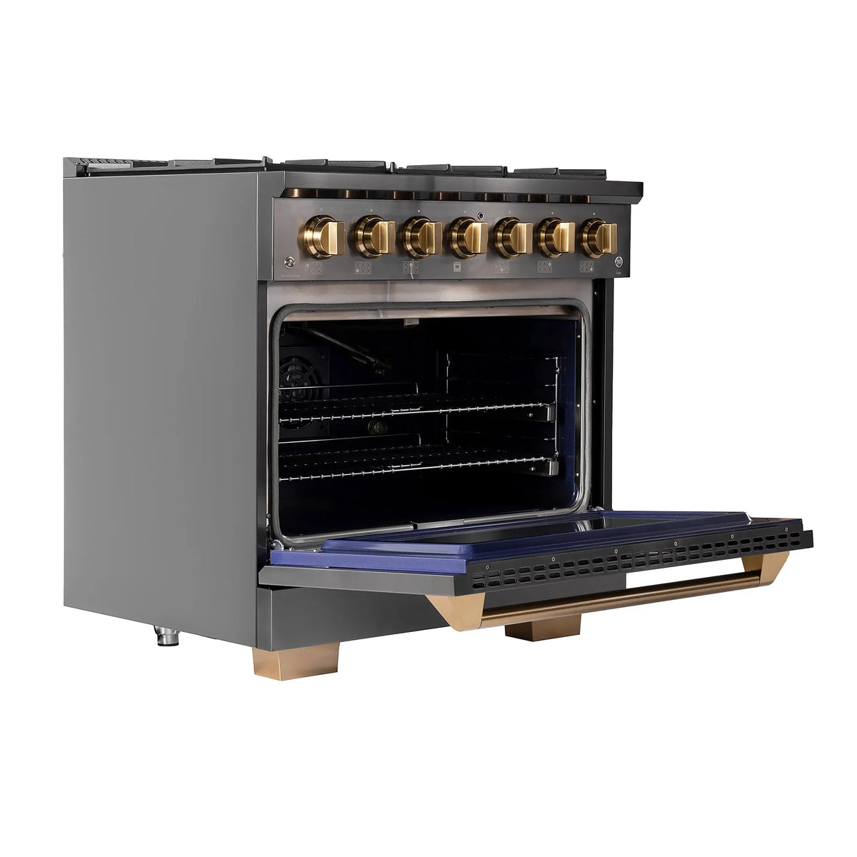 KUCHT Gemstone Professional 36-Inch 5.2 cu. ft. Propane Gas Range with Sealed Burners and Convection Oven in Titanium Stainless Steel with Gold Accents KEG363/LP