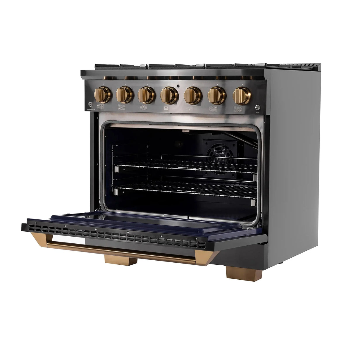 KUCHT Gemstone Professional 36-Inch 5.2 cu. ft. Gas Range with Sealed Burners and Convection Oven in Titanium Stainless Steel with Gold Accents KEG363