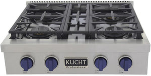 Kucht 30-Inch 4 Burner Gas Rangetop in Stainless Steel with Royal Blue Knob (KFX309T-B)