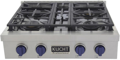 Kucht 30-Inch 4 Burner Gas Rangetop in Stainless Steel with Royal Blue Knob (KFX309T-B)