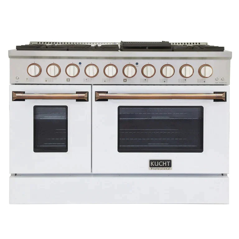 Kucht Signature 48-Inch Gas Range with Convection Oven in White with White Knobs & Gold Handle KNG481-W-GOLD