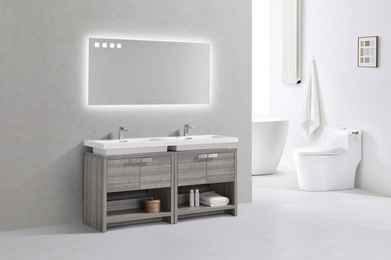 KubeBath Levi 63 in. Modern Bathroom Vanity w/ Cubby Hole - Ash Gray, L1600HGASH