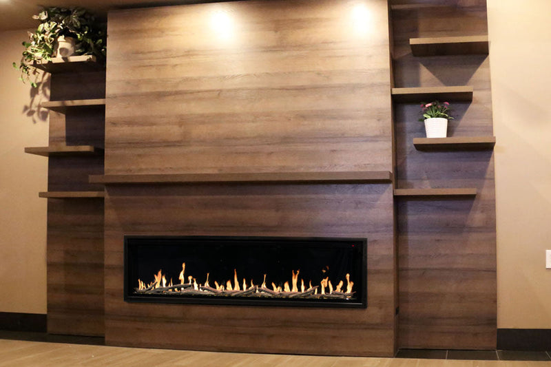Modern Flames Allwood Fireplace Media Wall in Weathered Walnut | 60'' Orion Slim Heliovision Electric Fireplace