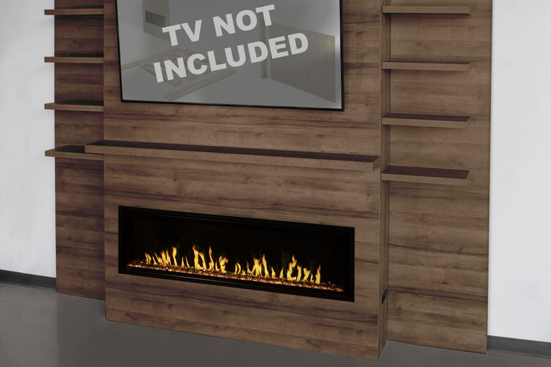 Modern Flames Allwood Fireplace Media Wall in Weathered Walnut | 60'' Orion Slim Heliovision Electric Fireplace
