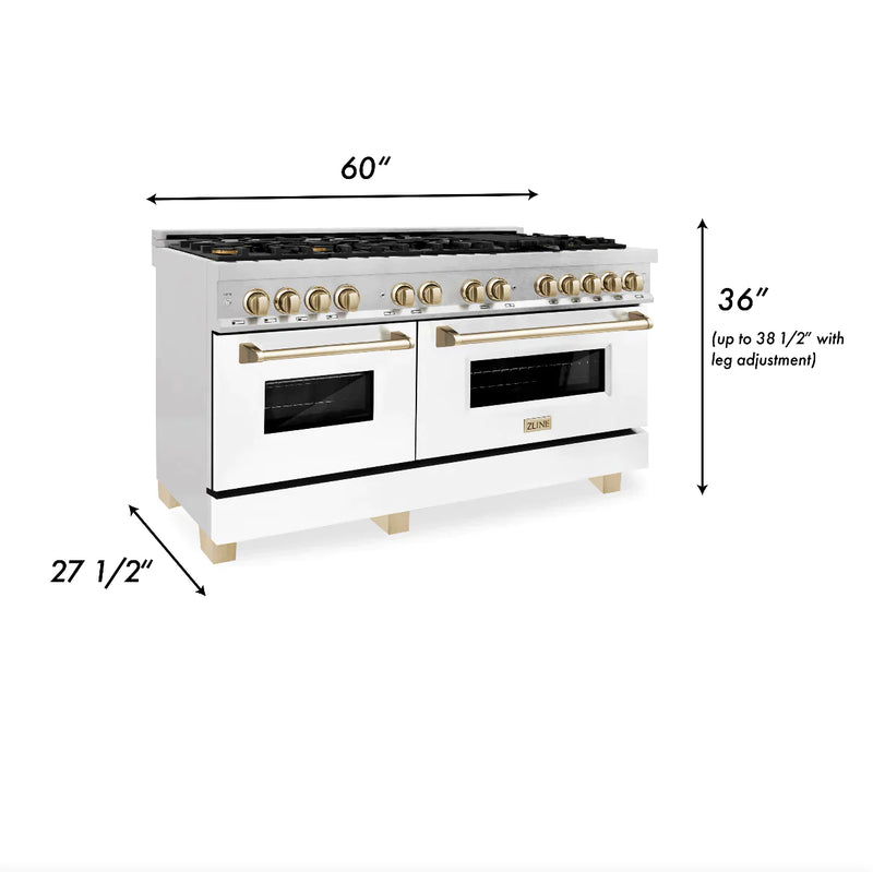 ZLINE Autograph Edition 60-Inch 7.4 cu. ft. Dual Fuel Range with Gas Stove and Electric Oven in DuraSnow Stainless Steel with White Matte Door and Gold Accents (RASZ-WM-60-G)