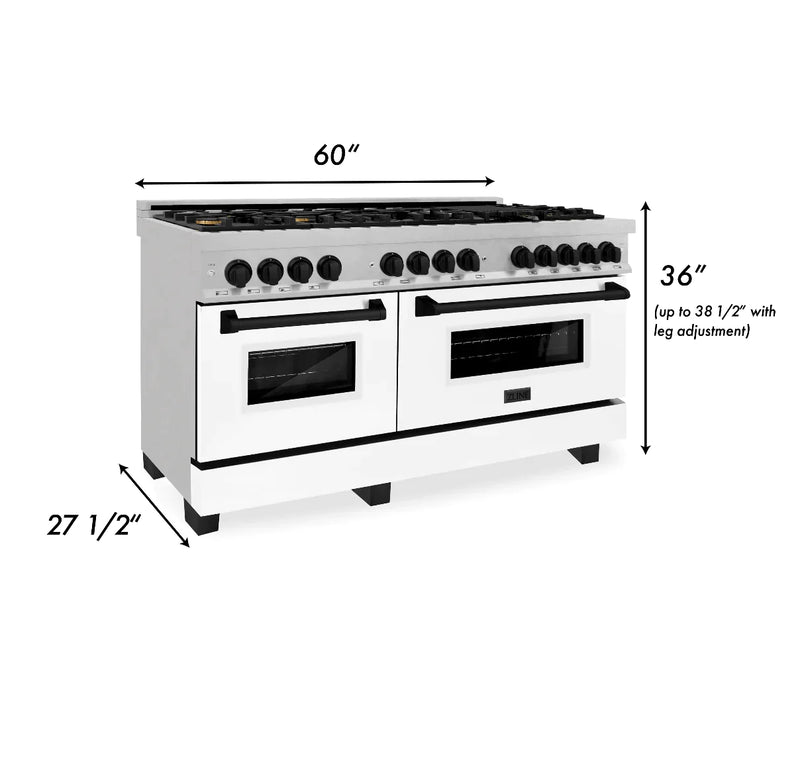 ZLINE Autograph Edition 60-Inch 7.4 cu. ft. Dual Fuel Range with Gas Stove and Electric Oven in DuraSnow Stainless Steel with White Matte Door and Matte Black Accents (RASZ-WM-60-MB)