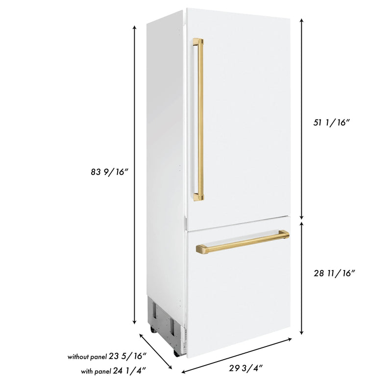 ZLINE 30-Inch Autograph Edition 16.1 cu. ft. Built-in 2-Door Bottom Freezer Refrigerator with Internal Water and Ice Dispenser in White Matte with Gold Accents (RBIVZ-WM-30-G)