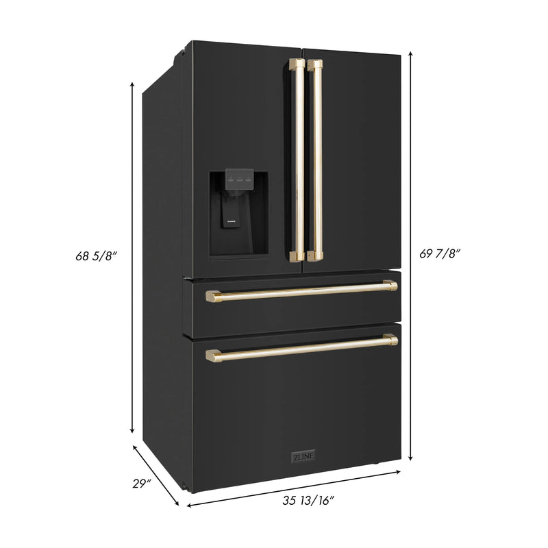 ZLINE Autograph Edition 4-Piece Appliance Package - 48-Inch Dual Fuel Range, Refrigerator with Water Dispenser, Wall Mounted Range Hood, & 24-Inch Tall Tub Dishwasher in Black Stainless Steel with Gold Trim (4KAPR-RABRHDWV48-G)