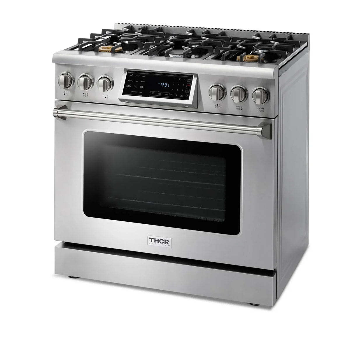 Thor Kitchen 5-Piece Appliance Package - 36-Inch Gas Range with Tilt Panel, Refrigerator with Water Dispenser, Wall Mount Hood, Dishwasher, & Microwave Drawer in Stainless Steel