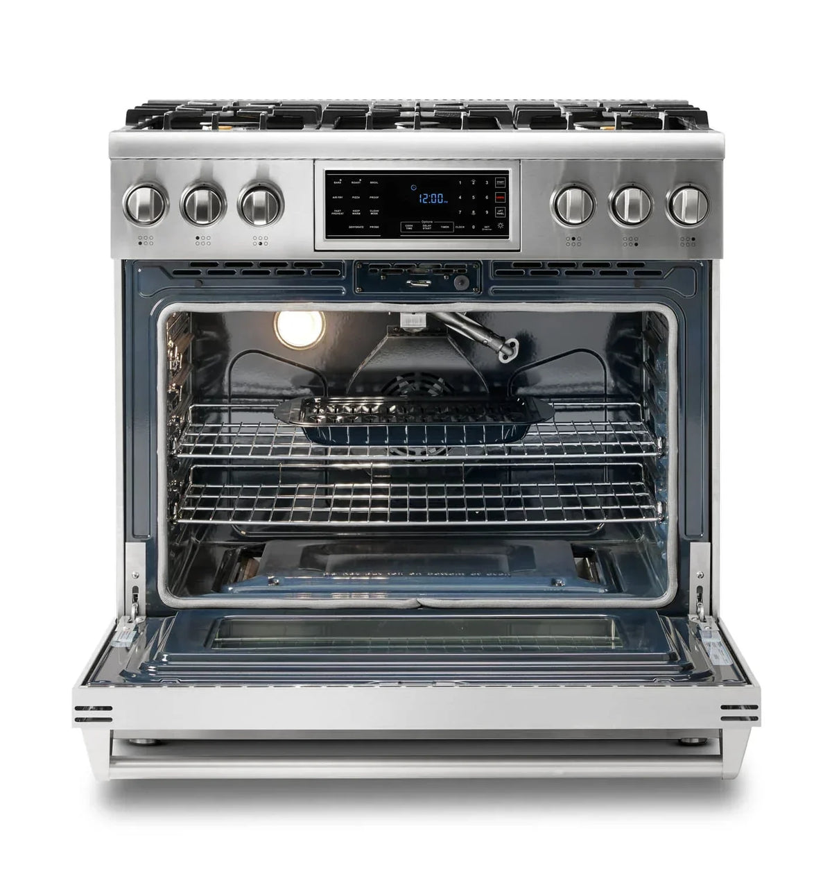 Thor Kitchen 5-Piece Appliance Package - 36-Inch Gas Range with Tilt Panel, Refrigerator with Water Dispenser, Wall Mount Hood, Dishwasher, & Microwave Drawer in Stainless Steel