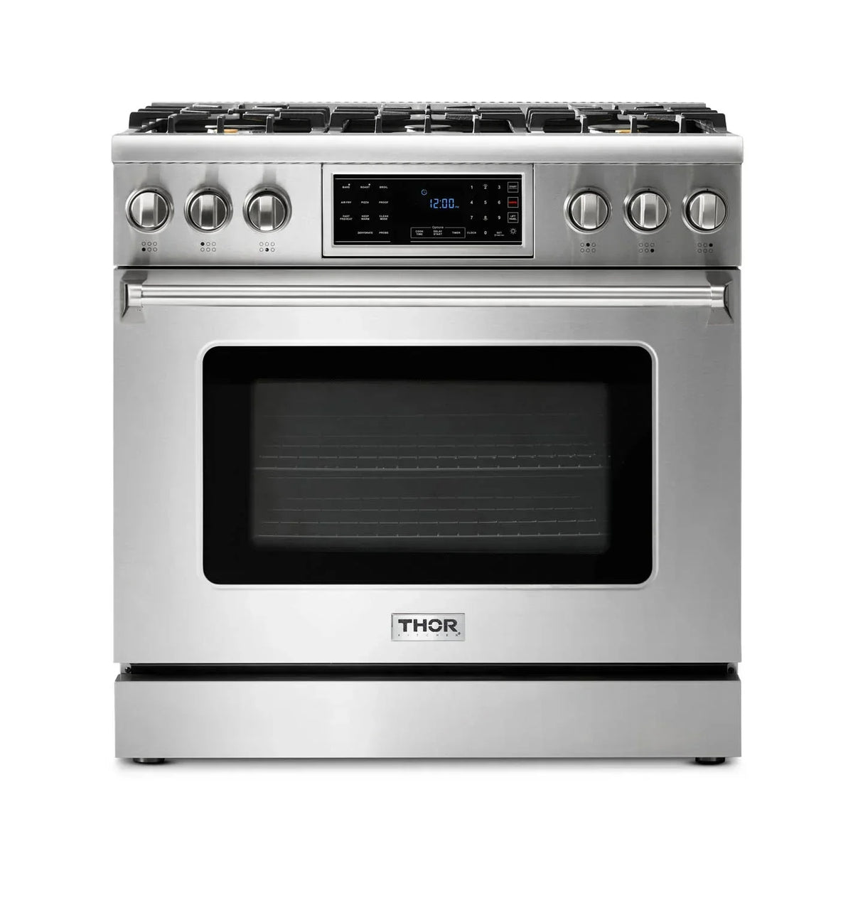 Thor Kitchen 5-Piece Appliance Package - 36-Inch Gas Range with Tilt Panel, Refrigerator with Water Dispenser, Wall Mount Hood, Dishwasher, & Microwave Drawer in Stainless Steel