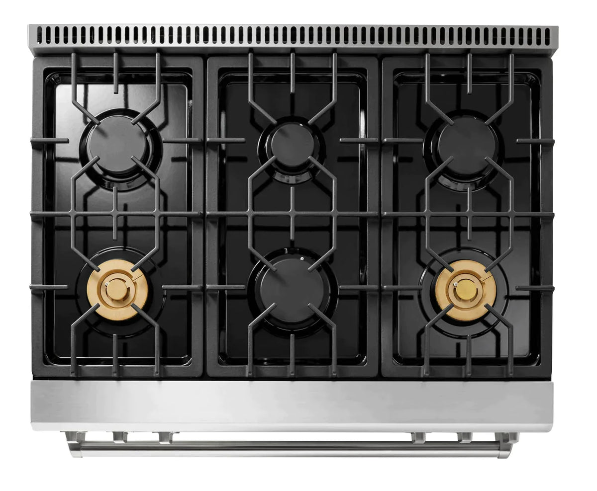 Thor Kitchen 5-Piece Appliance Package - 36-Inch Gas Range with Tilt Panel, Refrigerator with Water Dispenser, Wall Mount Hood, Dishwasher, & Microwave Drawer in Stainless Steel