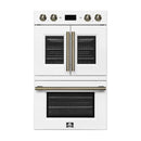 FORNO Asti 30-Inch Double Electric Wall Oven with Upper French Doors in Black/White with Antique Brass Trim