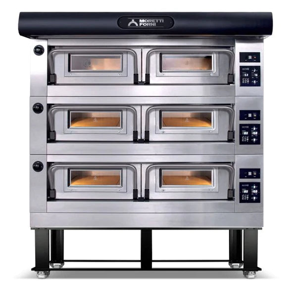 AMPTO Electric Pizza Oven P120 49'' x 26'' x 7'' (Chamber) 208/240/60/3 - 3 Decks with tray guide base