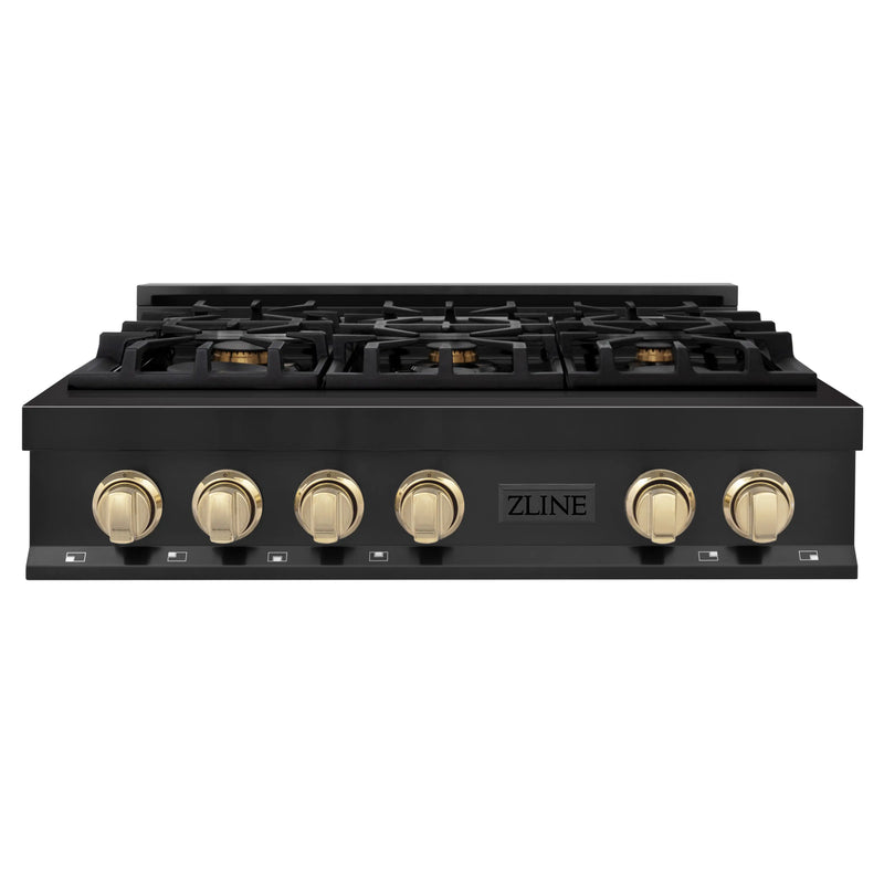 ZLINE Autograph Edition 36-Inch Porcelain Rangetop with 6 Gas Burners in Black Stainless Steel and Gold Accents (RTBZ-36-G)