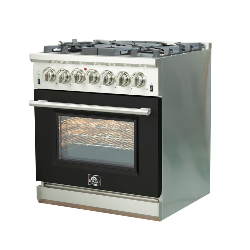 Forno 30-Inch Capriasca Dual Fuel Range with 5 Gas Burners and 240v Electric Oven in Stainless Steel with Black Door (FFSGS6187-30BLK)