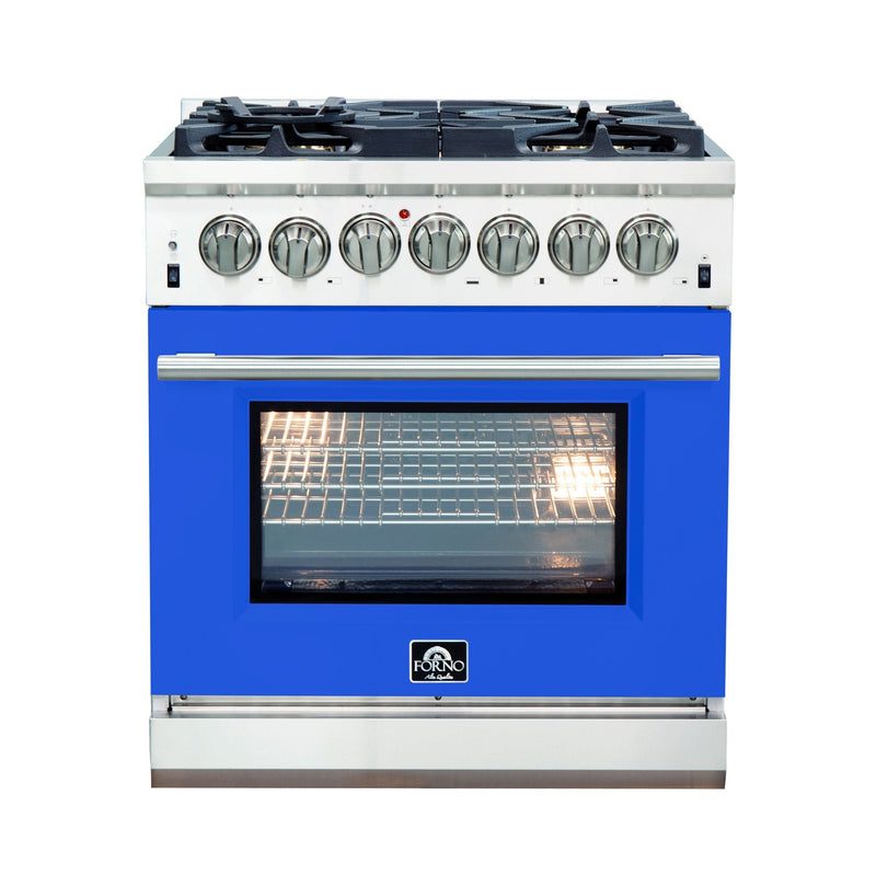 Forno 30-Inch Capriasca Dual Fuel Range with 5 Gas Burners and 240v Electric Oven in Stainless Steel with Blue Door (FFSGS6187-30BLU)