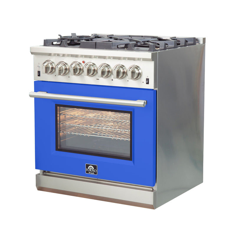 Forno 30-Inch Capriasca Dual Fuel Range with 5 Gas Burners and 240v Electric Oven in Stainless Steel with Blue Door (FFSGS6187-30BLU)