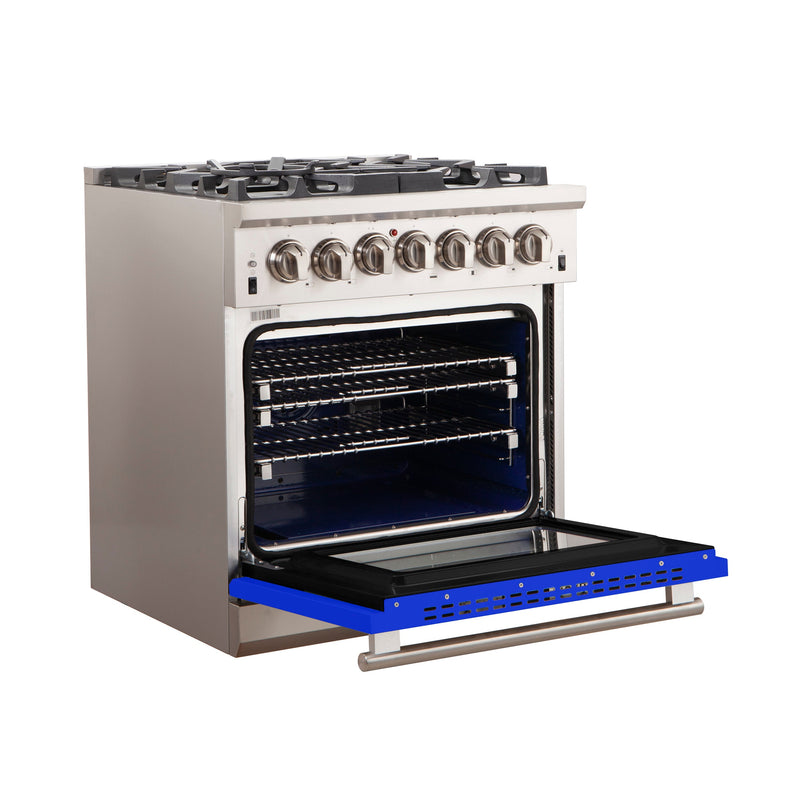 Forno 30-Inch Capriasca Gas Range with 5 Burners and Convection Oven in Stainless Steel with Blue Door (FFSGS6260-30BLU)